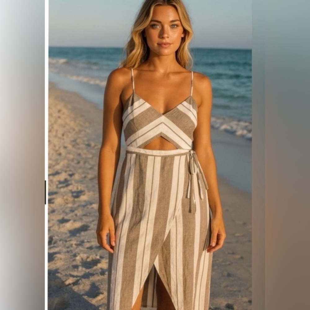 EXPRESS Cut Out Striped Wrap Cotton Midi Dress with Slit Mocha/White Size 00 NWO